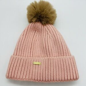 STEVE MADDEN BLUSH COLORED RIBBED WINTER HAT WITH LARGE TAN FAUX POM POM EUC